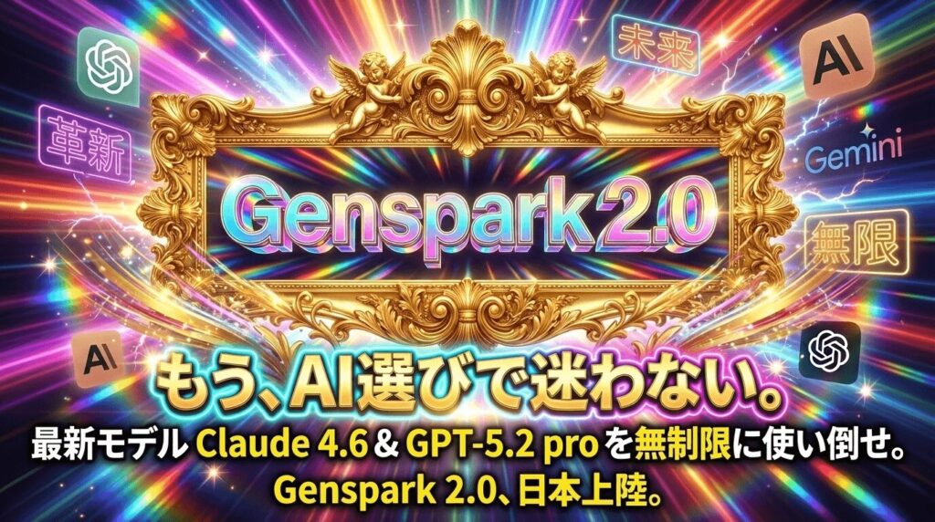Genspark Plus(ジェンスパーク有料版)のヘッダー画像。中央のロゴの周囲にChatGPT、Claude、Gemini、Midjourney、DALL-Eなどの主要AIアイコンが配置されている。「AI初心者、中級者はGensparkを使え!! 主力なAIチャット、AI画像モデルが使い放題」というキャッチコピーがあり、複数のAIサブスクリプションを一本化して料金を節約できるオールインワンサービスであることを強調している。