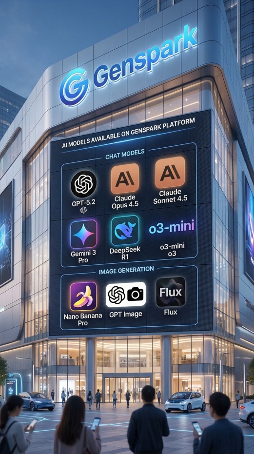 Genspark(ジェンスパーク)のビルに掲示された利用可能AIモデル一覧。チャットモデルとしてGPT-5.2、Claude Opus 4.5、Claude Sonnet 4.5、Gemini 3 Pro、DeepSeek R1、o3-mini、画像生成としてNano Banana Pro、GPT Image、FluxがGenspark Plusで利用できることを示している。